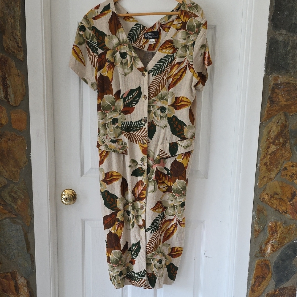 Vintage Dawn Joy Fashions Button Front, Tie Back Beachy Leaf Print Dress Size 12